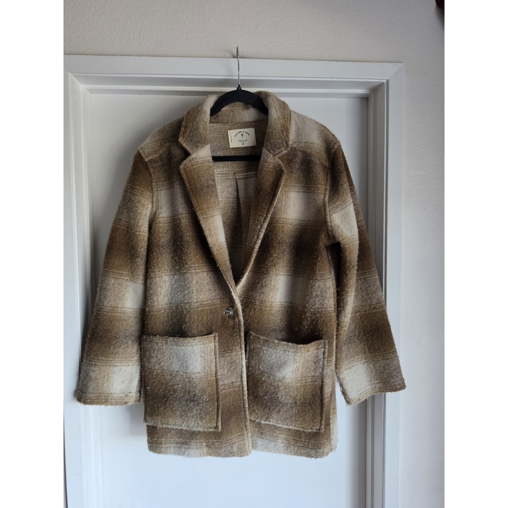 Electric & Rose Coat XS Plaid Brown White Collared Casual Jacket Overcoat